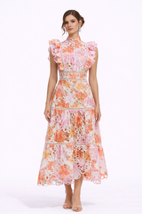 SUNRISE Printed Lace Embroidered Maxi Dress With Ruffle Sleeves