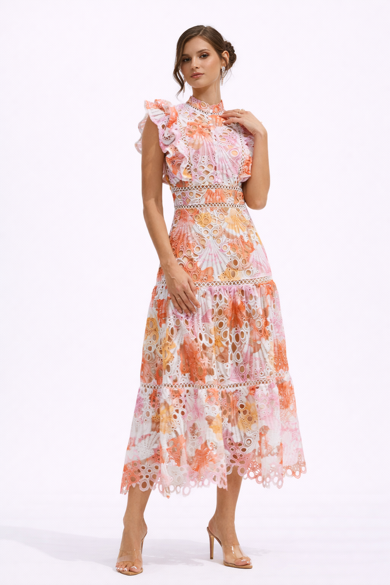 SUNRISE Printed Lace Embroidered Maxi Dress With Ruffle Sleeves