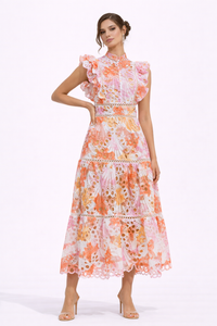 SUNRISE Printed Lace Embroidered Maxi Dress With Ruffle Sleeves