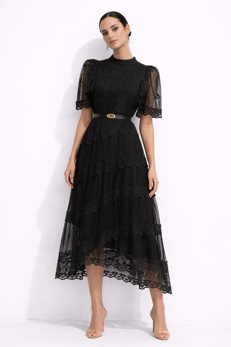 AURELIA Embroidered Lace Maxi Dress With Puff Sleeves