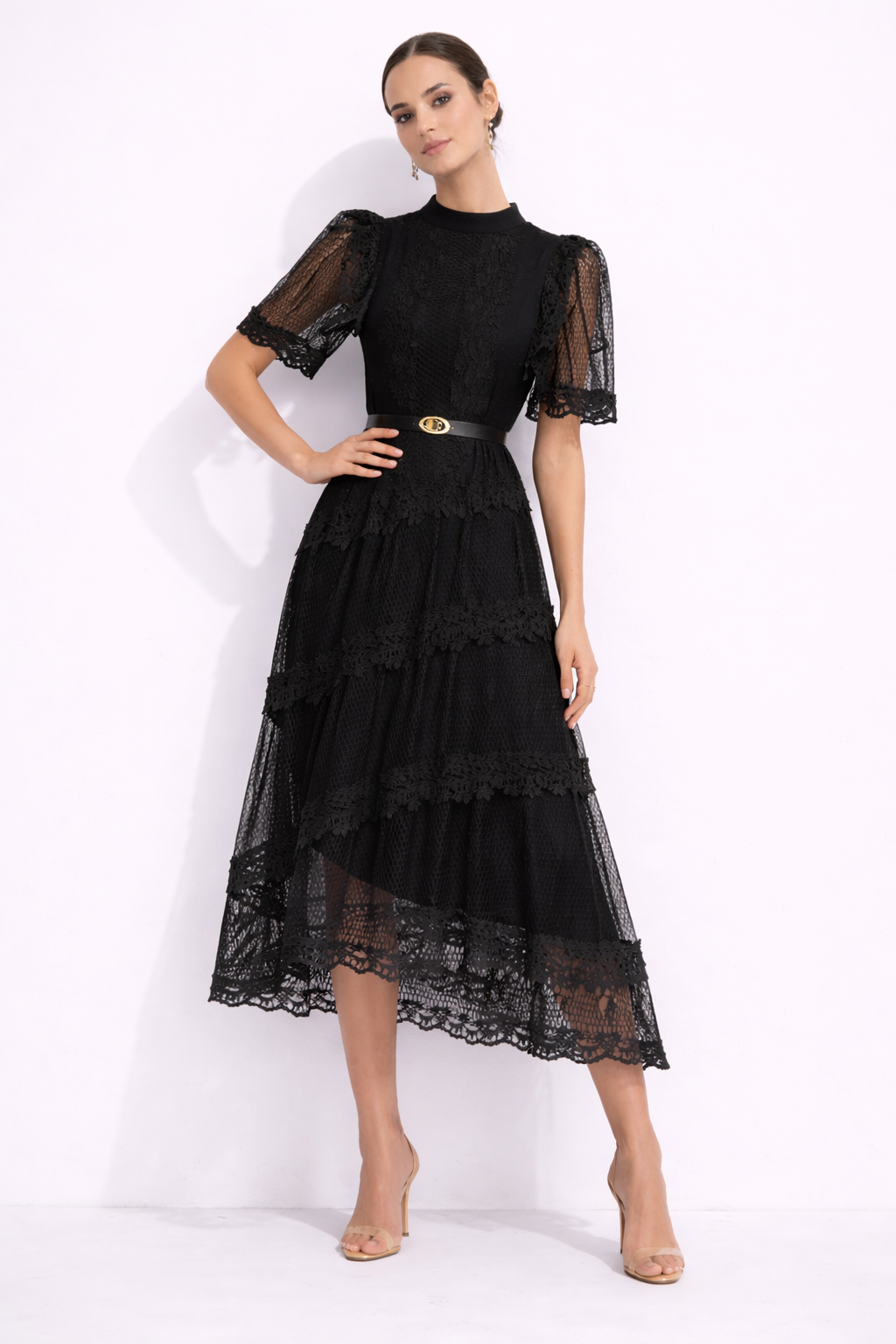 AURELIA Embroidered Lace Maxi Dress With Puff Sleeves