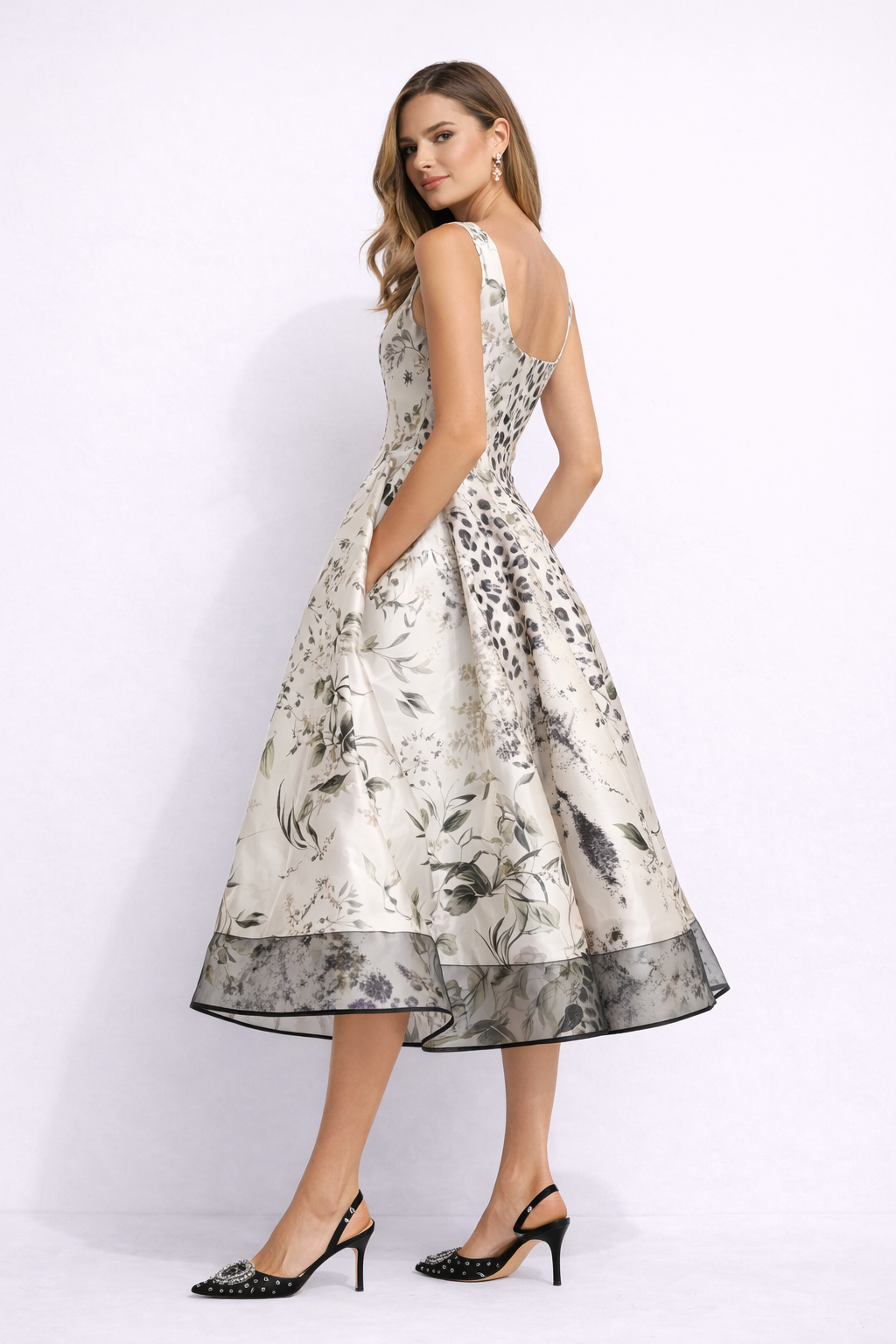LYRA Sleeveless Printed Satin Maxi Dress With Flared Skirt
