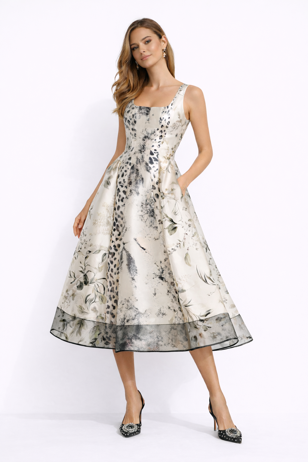 LYRA Sleeveless Printed Satin Maxi Dress With Flared Skirt