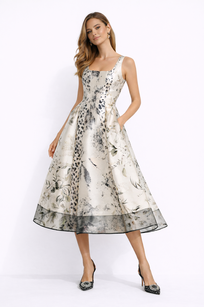 LYRA Sleeveless Printed Satin Maxi Dress With Flared Skirt