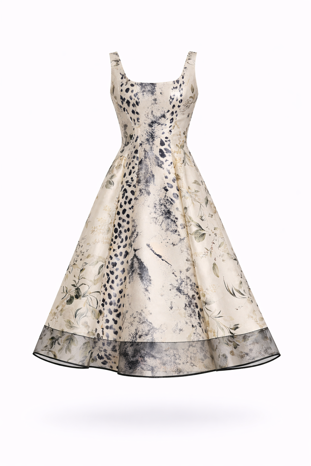 LYRA Sleeveless Printed Satin Maxi Dress With Flared Skirt