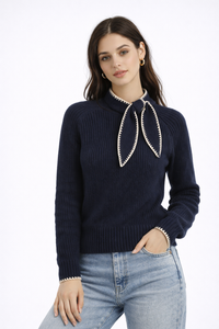 RIBBON Tie-Neck Knit Top