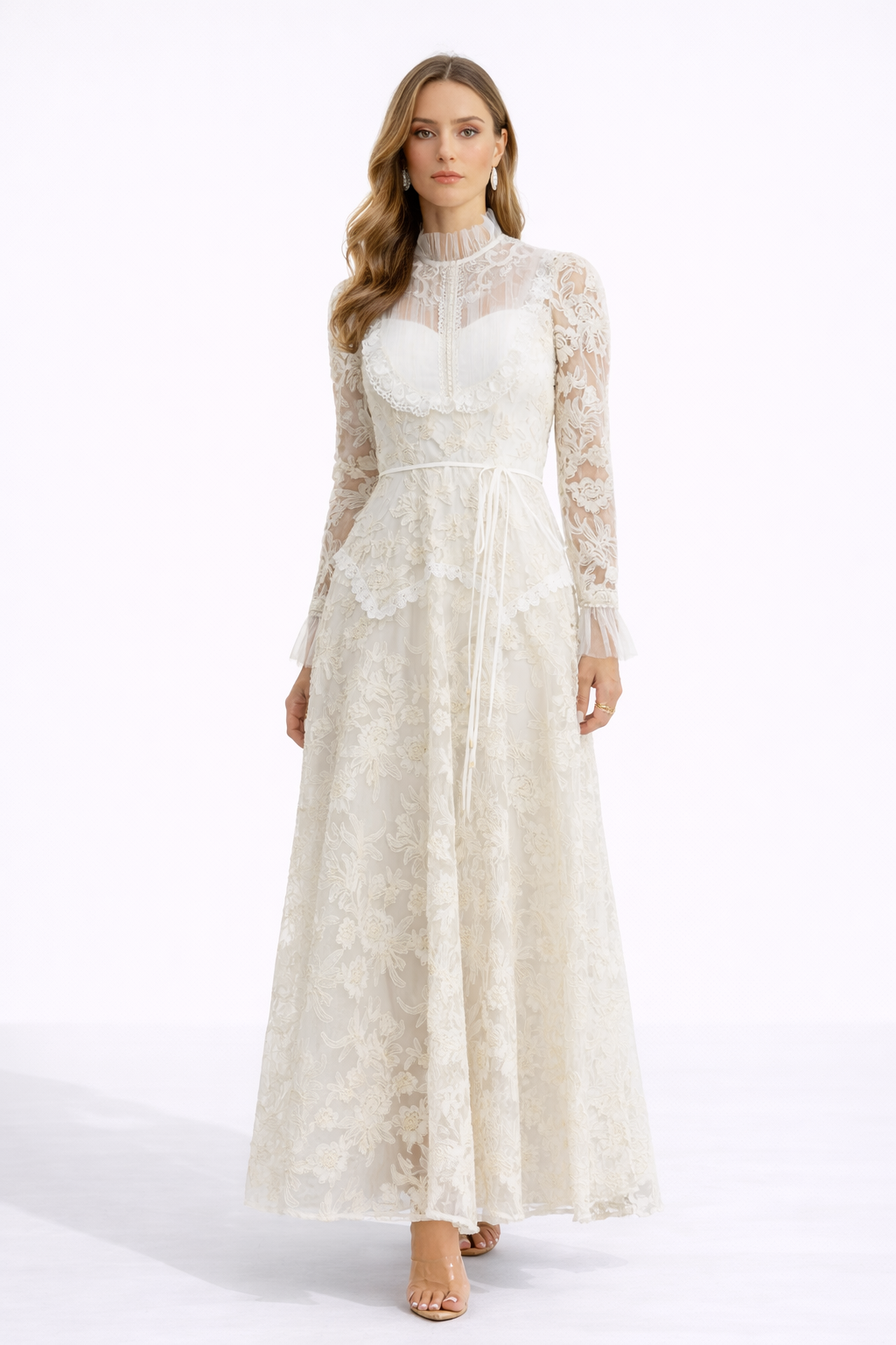 ELARA Floral Lace Mock Neck Maxi Dress