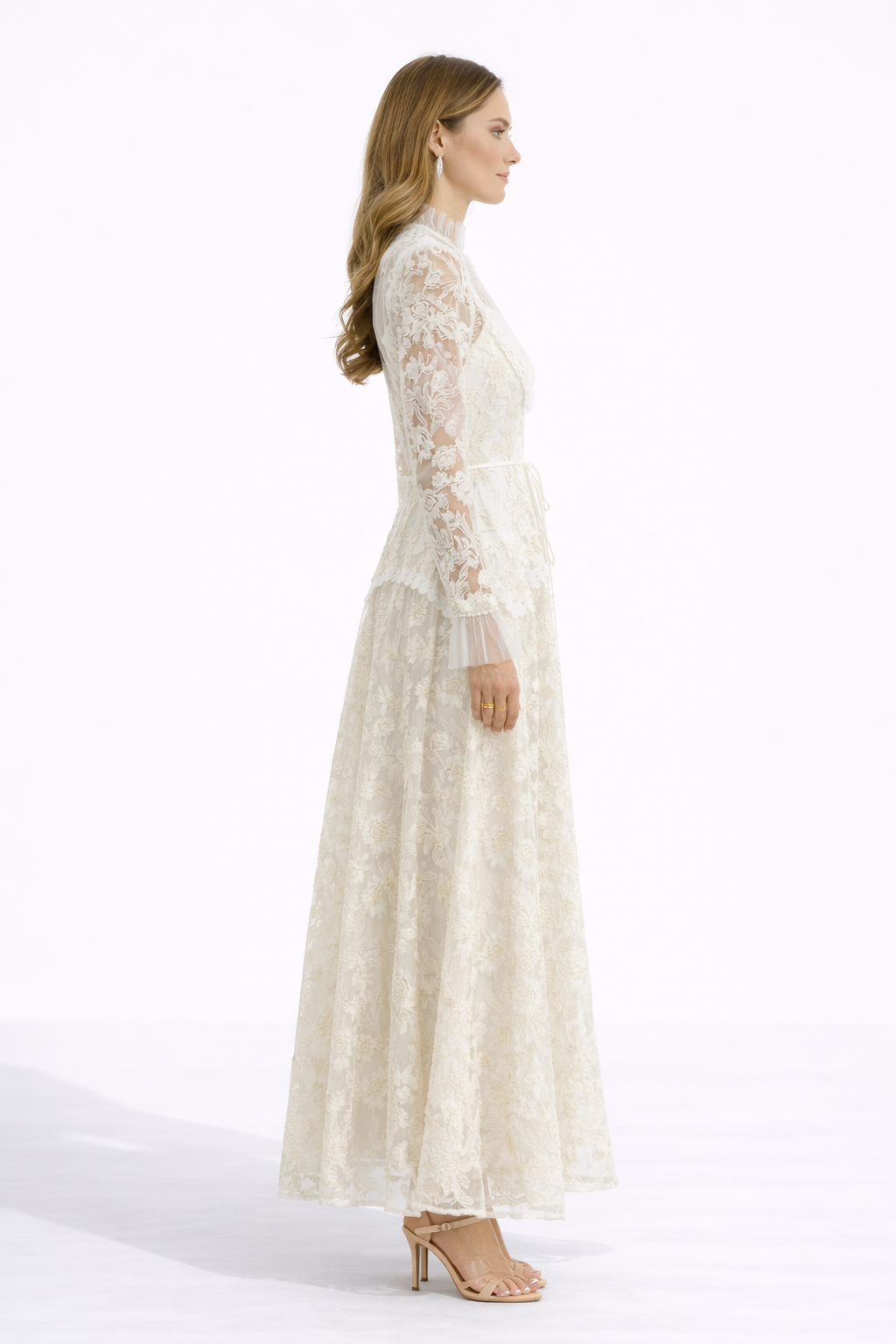 ELARA Floral Lace Mock Neck Maxi Dress