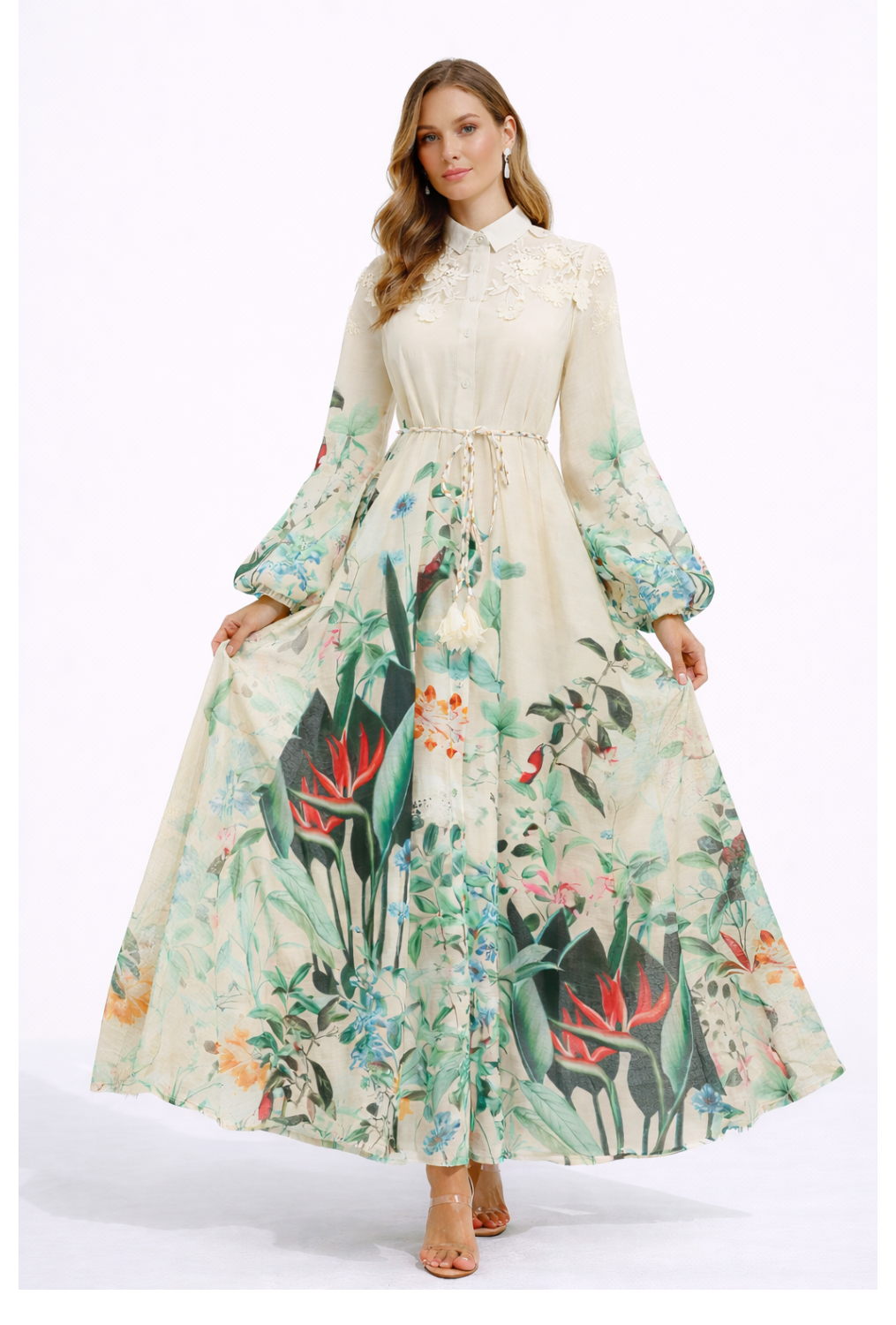 MIRELLE Botanical Print Maxi Dress with Puff Sleeves