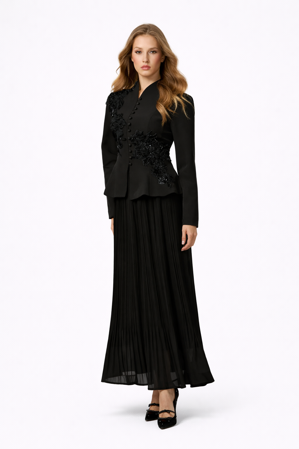 GRACEFUL ARRIVAL Lace Jacket & Pleated Skirt Set