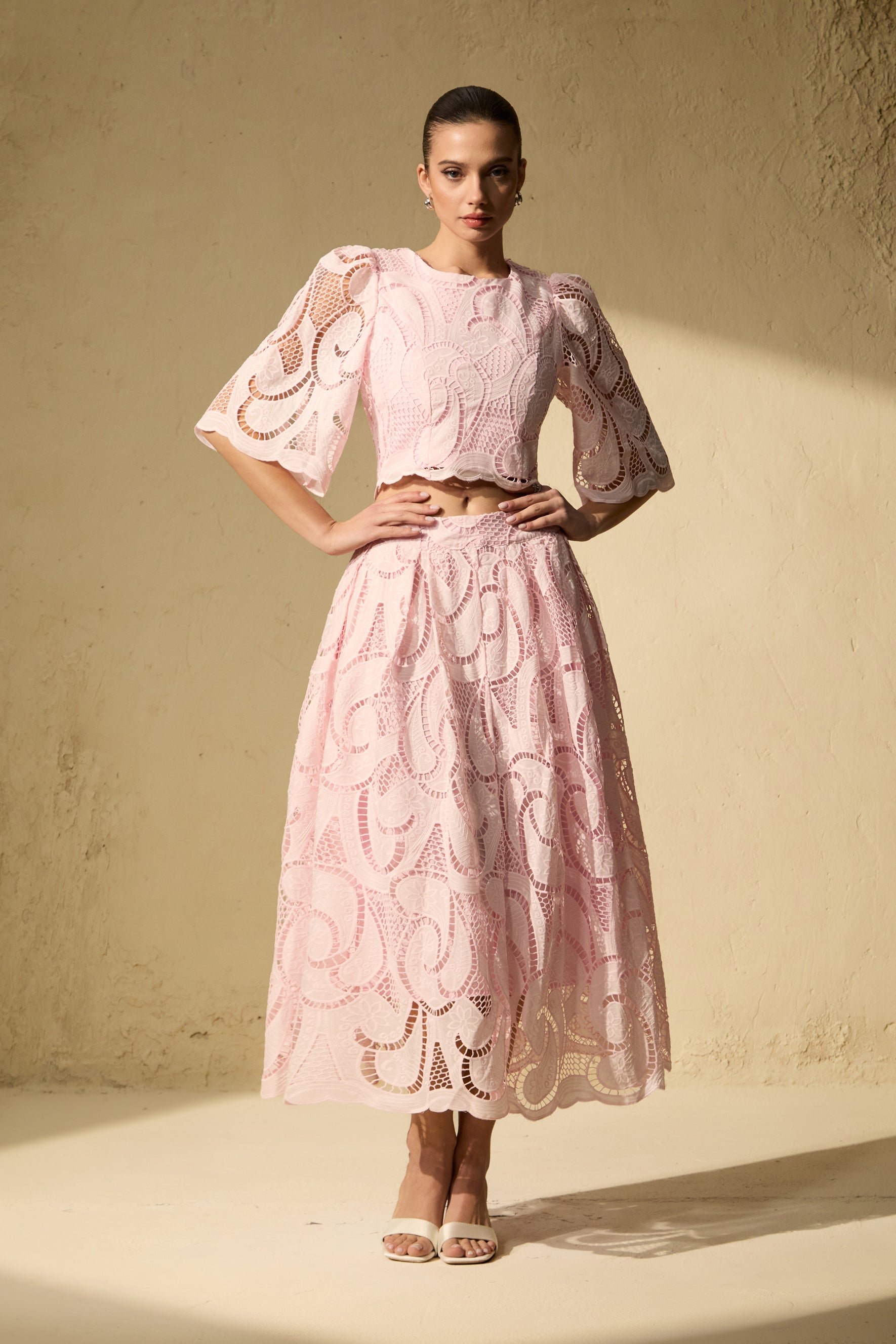 Chic Pink Lace Bell Sleeve Top & Midi Skirt Set