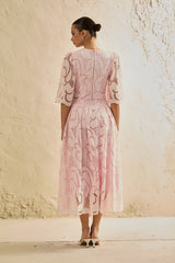 Chic Pink Lace Bell Sleeve Top & Midi Skirt Set