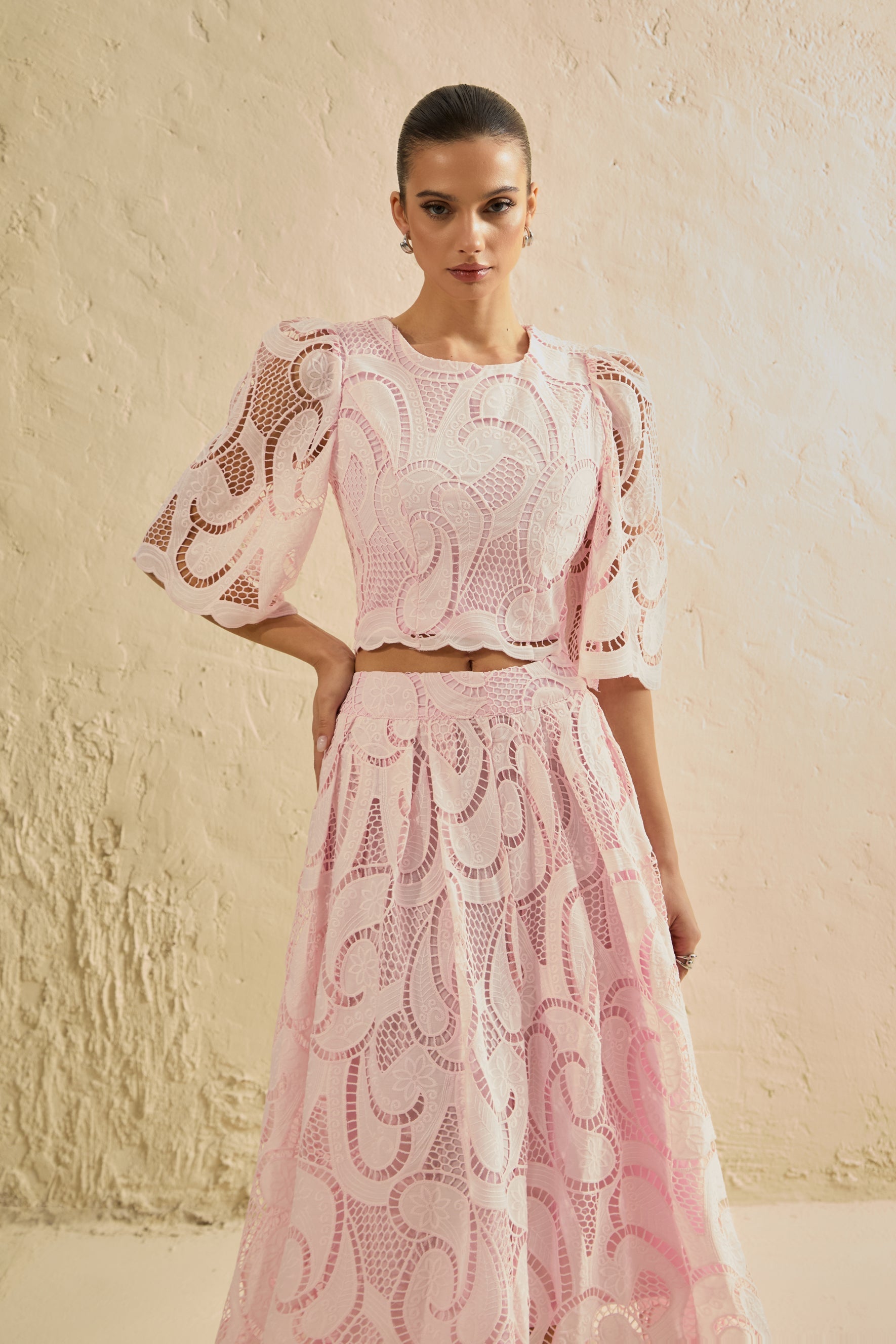 Chic Pink Lace Bell Sleeve Top & Midi Skirt Set