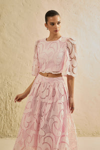 Chic Pink Lace Bell Sleeve Top & Midi Skirt Set