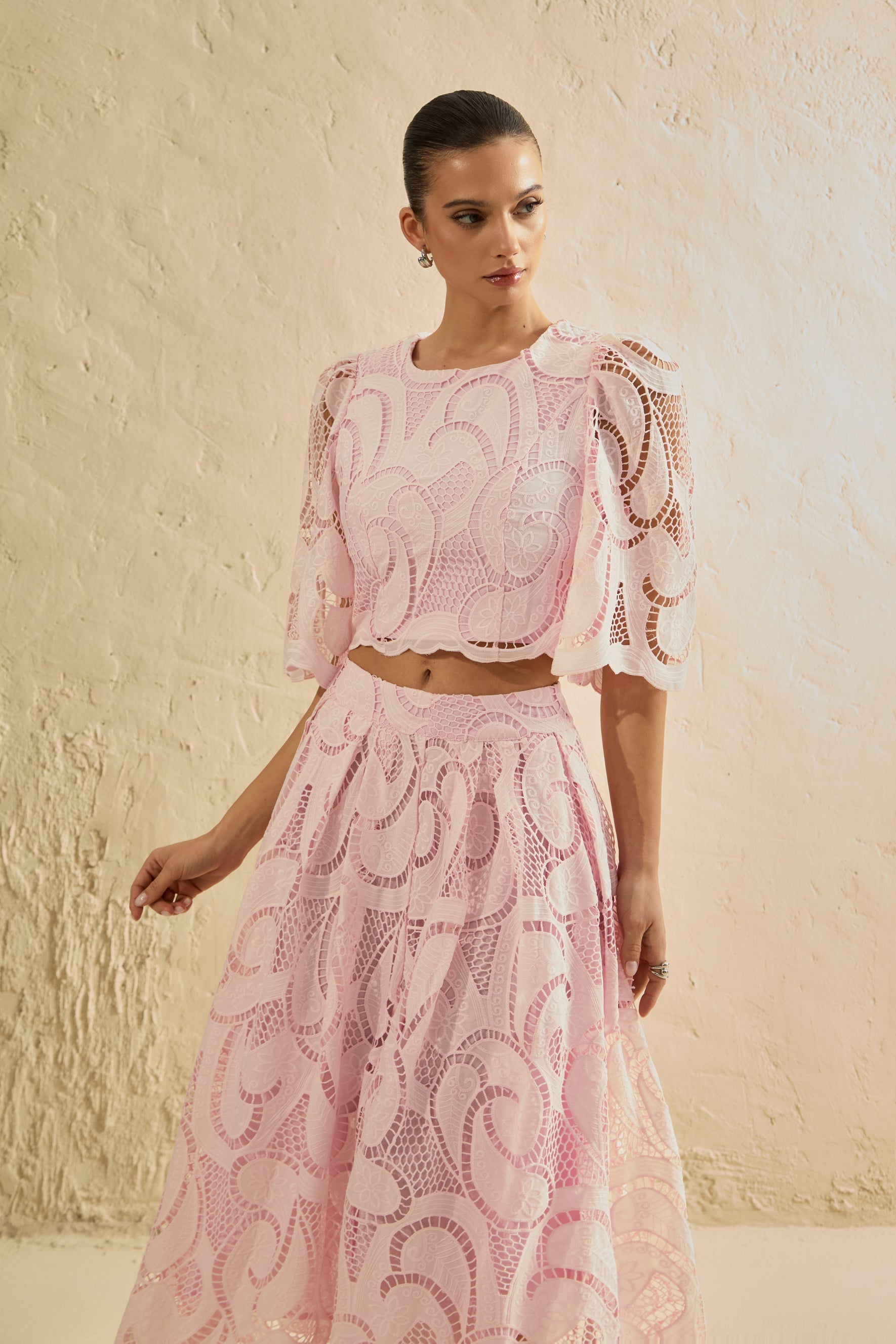Chic Pink Lace Bell Sleeve Top & Midi Skirt Set