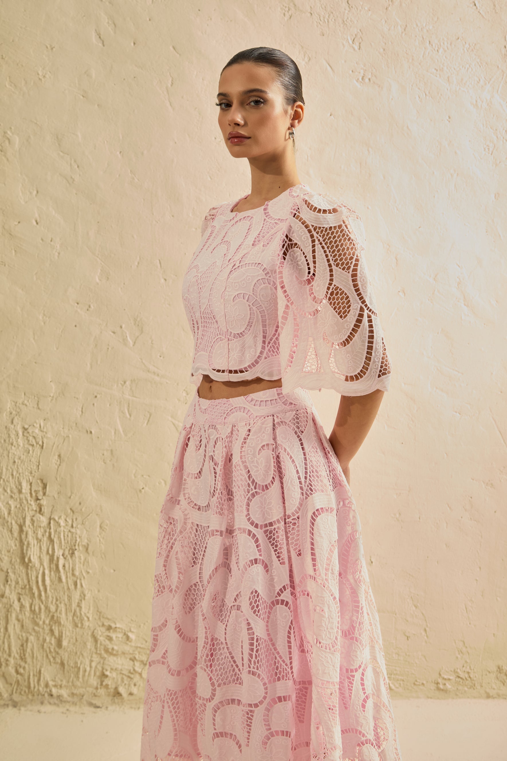 Chic Pink Lace Bell Sleeve Top & Midi Skirt Set