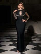 VELORA Embellished High Neck Maxi Dress With Sheer Sleeves