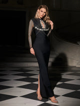 VELORA Embellished High Neck Maxi Dress With Sheer Sleeves