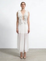 ANGELIQUE Ruffled Plunge Maxi Dress With Sheer Skirt