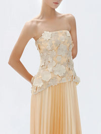 GARDENIA Strapless Floral Appliqué Maxi Dress With Pleated Skirt