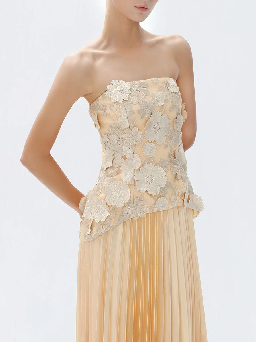 GARDENIA Strapless Floral Appliqué Maxi Dress With Pleated Skirt