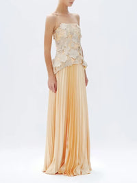 GARDENIA Strapless Floral Appliqué Maxi Dress With Pleated Skirt