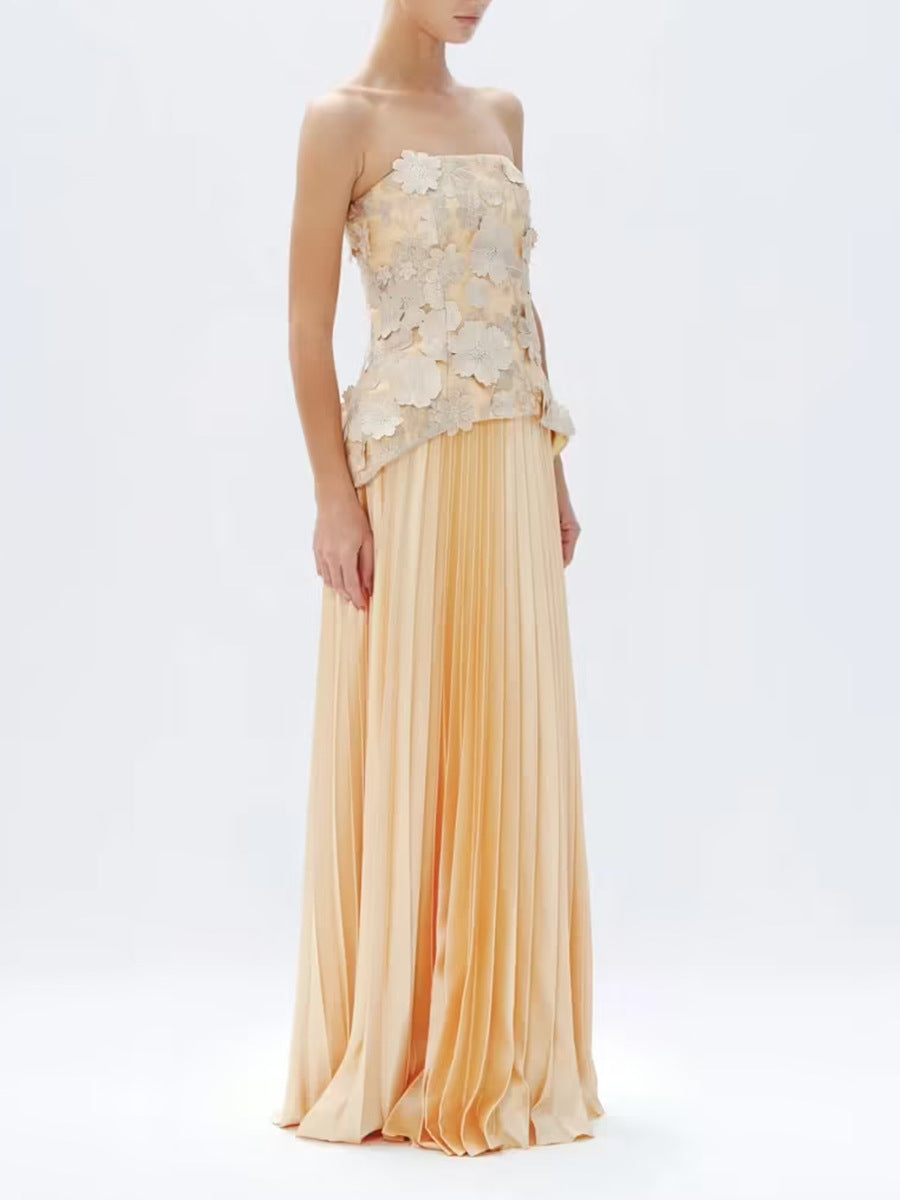 GARDENIA Strapless Floral Appliqué Maxi Dress With Pleated Skirt