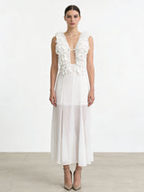ANGELIQUE Ruffled Plunge Maxi Dress With Sheer Skirt