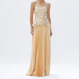 GARDENIA Strapless Floral Appliqué Maxi Dress With Pleated Skirt