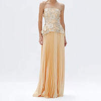GARDENIA Strapless Floral Appliqué Maxi Dress With Pleated Skirt