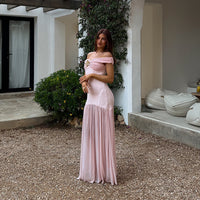 ROSETTE Off Shoulder Draped Maxi Dress With Brooch Detail