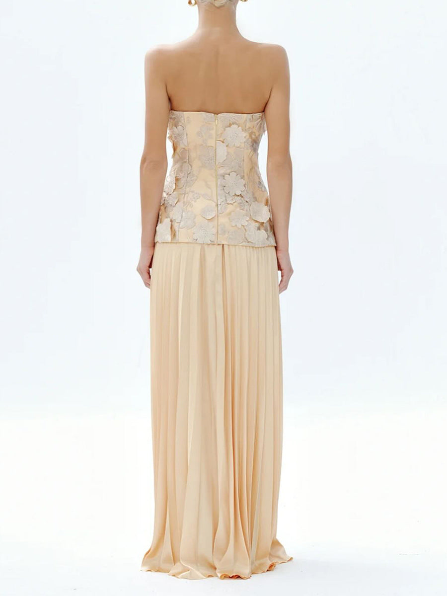 GARDENIA Strapless Floral Appliqué Maxi Dress With Pleated Skirt