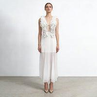 ANGELIQUE Ruffled Plunge Maxi Dress With Sheer Skirt