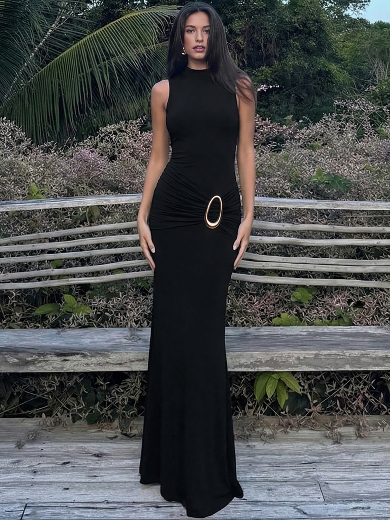 HALO High Neck Ruched Maxi Dress With Gold Detail