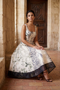 LYRA Sleeveless Printed Satin Maxi Dress With Flared Skirt