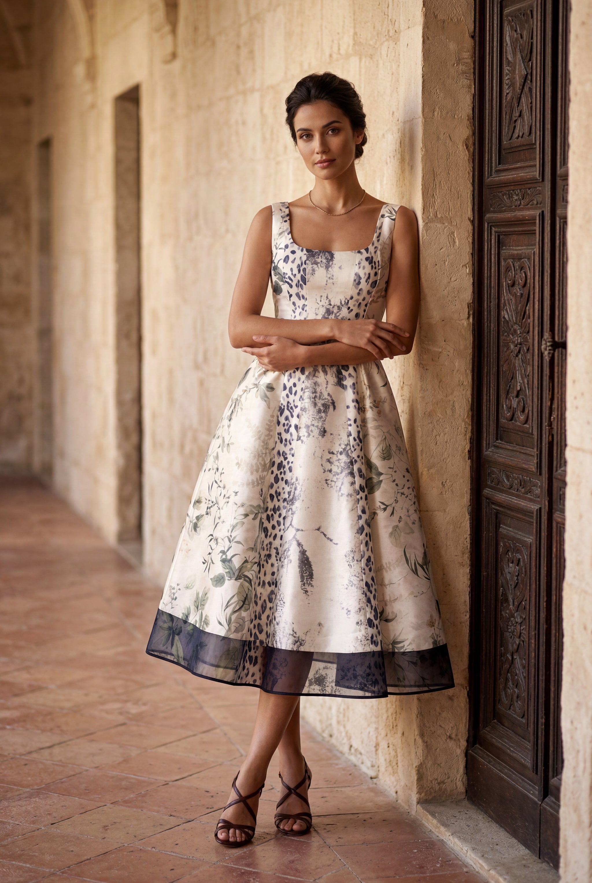 LYRA Sleeveless Printed Satin Maxi Dress With Flared Skirt