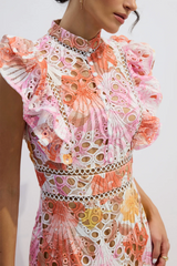 SUNRISE Printed Lace Embroidered Maxi Dress With Ruffle Sleeves