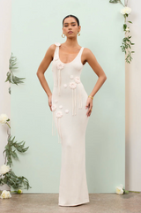 BLOSSOM Floral Appliqué Knit Maxi Dress