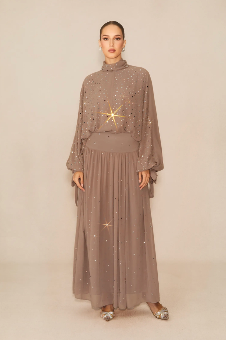 STARDUST High Neck Embellished Maxi Dress With Sheer Skirt
