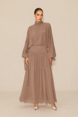 STARDUST High Neck Embellished Maxi Dress With Sheer Skirt