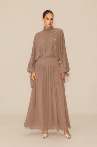 STARDUST High Neck Embellished Maxi Dress With Sheer Skirt