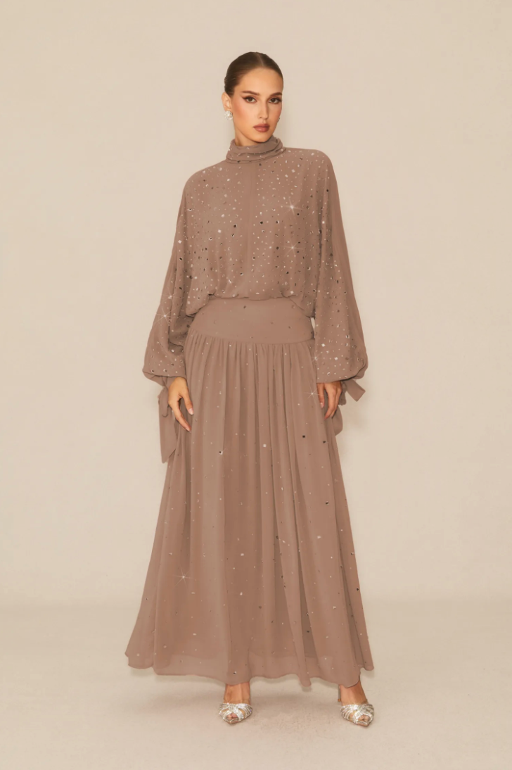STARDUST High Neck Embellished Maxi Dress With Sheer Skirt