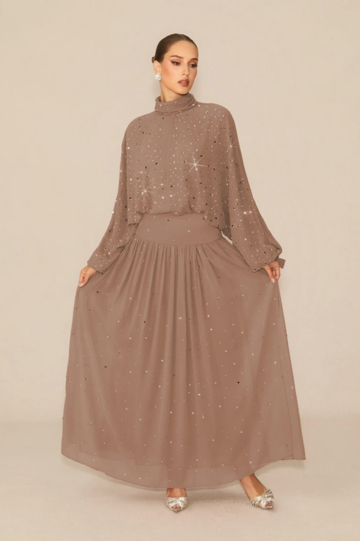 STARDUST High Neck Embellished Maxi Dress With Sheer Skirt
