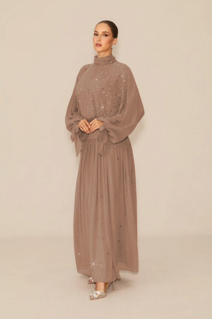 STARDUST High Neck Embellished Maxi Dress With Sheer Skirt