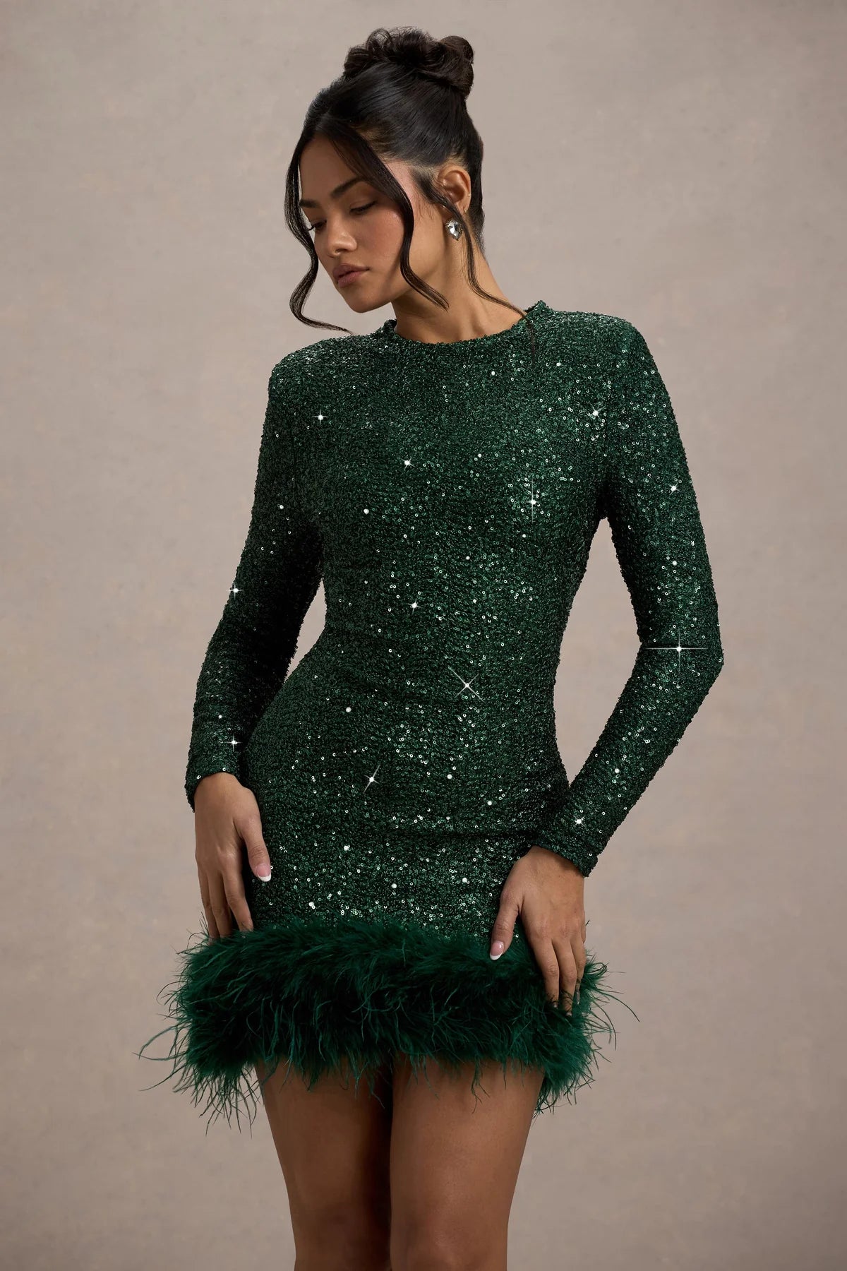 ELVORIA Feather Sequin Dress