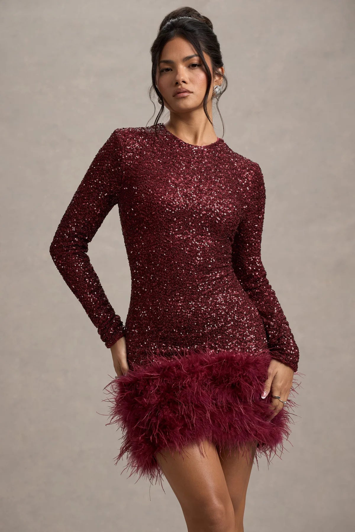 ELVORIA Feather Sequin Dress